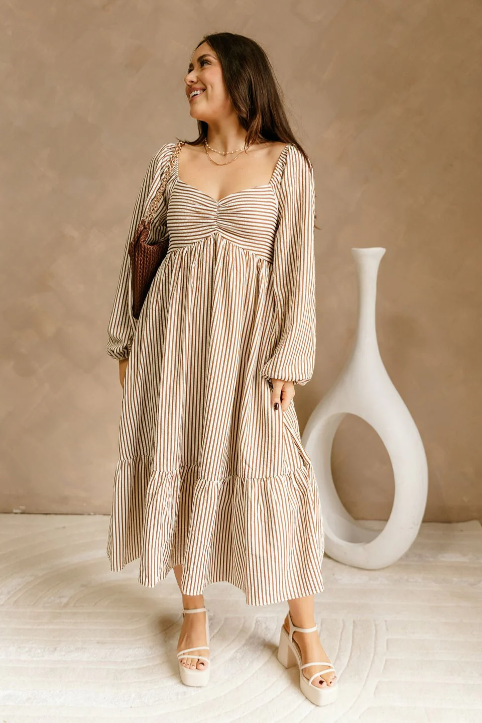 Evie Brown & Cream Stripe Midi Dress - Image 2