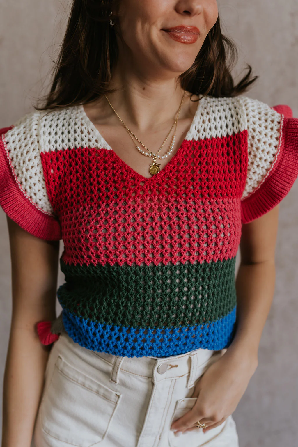 Andrea Pink Multi Knit Ruffle Top - Image 2