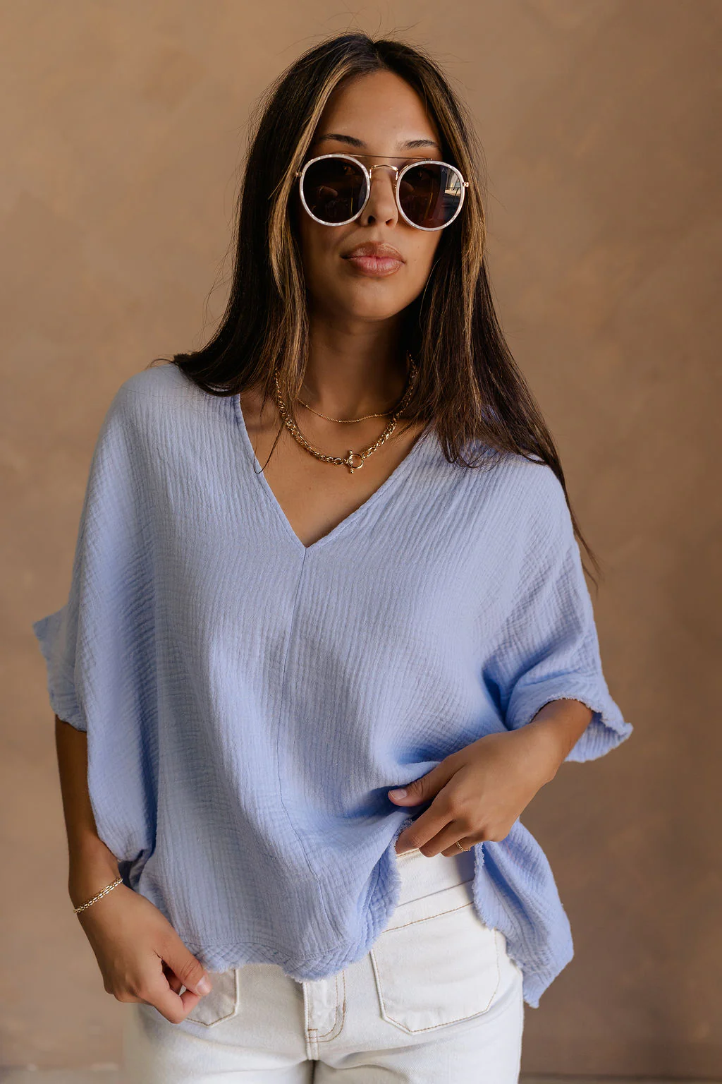 Nicole Light Blue Gauze Short Sleeve Top - Image 3