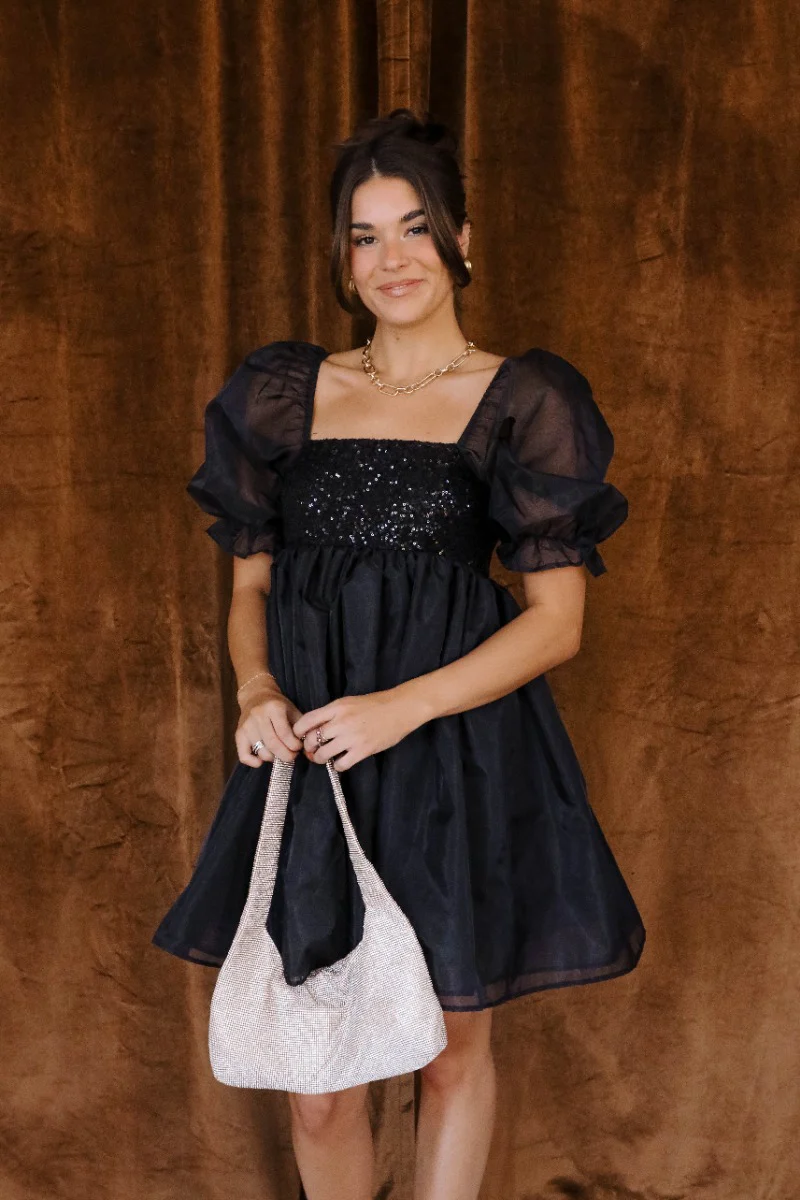 Ariah Black Sequin Puff Sleeve Mini Dress - Image 2