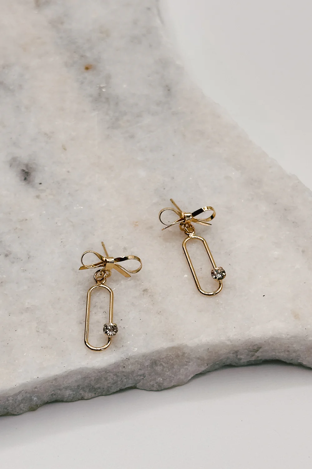 Ruth Gold Dipped Bow & Rhinestone Dangle Earring - Image 2