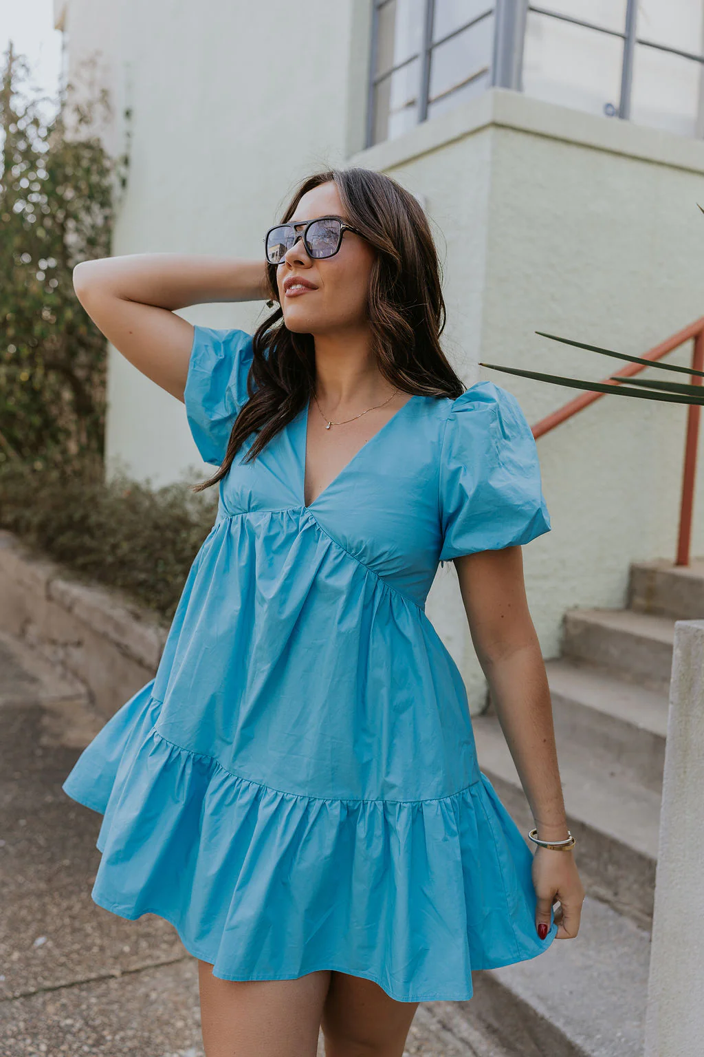 Stephanie Light Blue Short Puff Sleeve Mini Dress - Image 3
