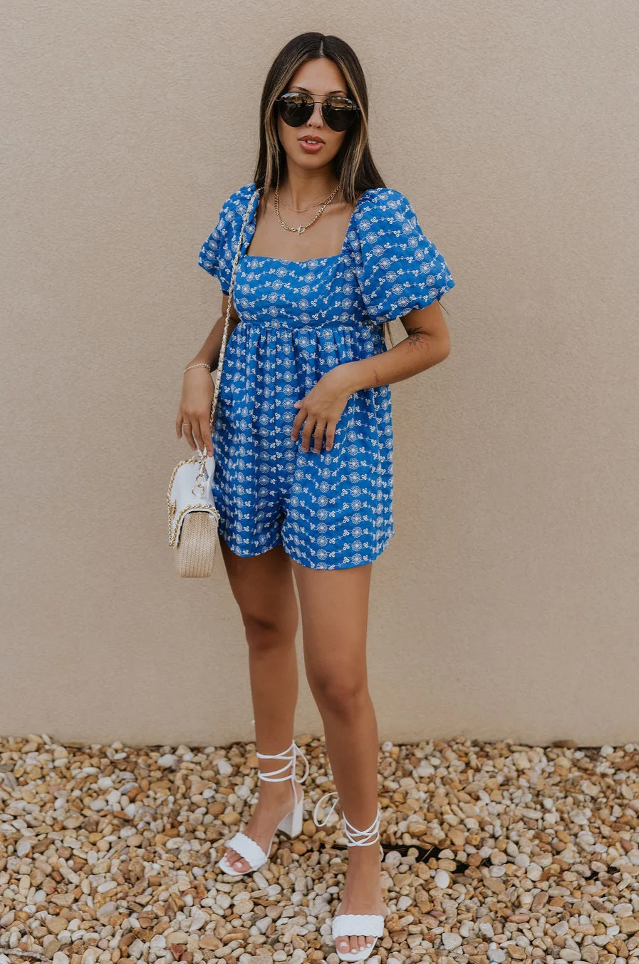 Marissa Blue and White Floral Short Sleeve Romper - Image 2