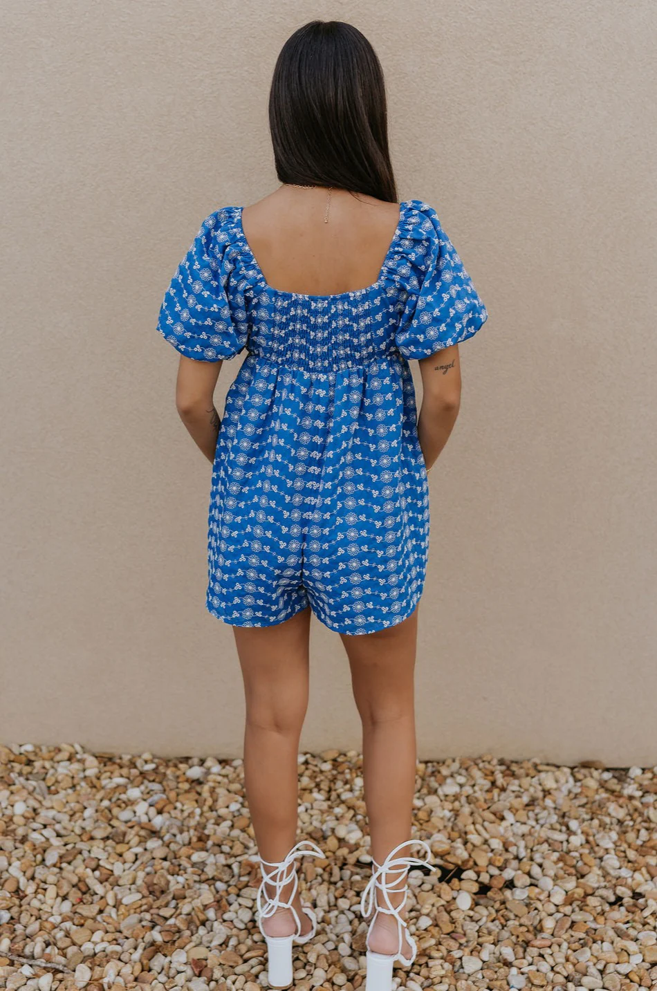 Marissa Blue and White Floral Short Sleeve Romper - Image 3