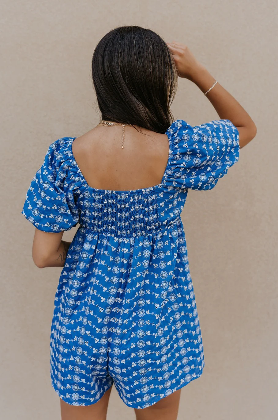 Marissa Blue and White Floral Short Sleeve Romper - Image 4