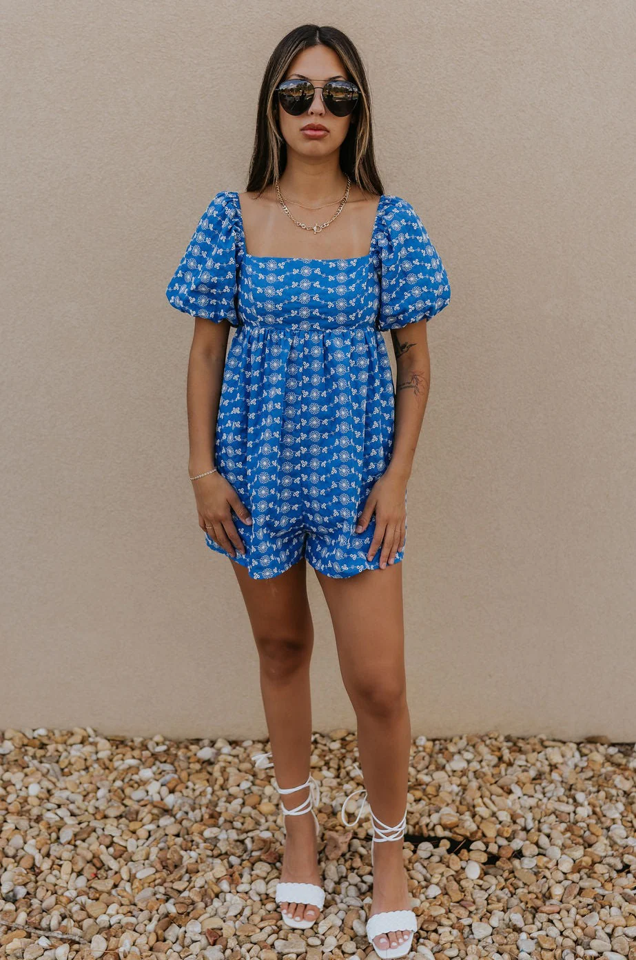Marissa Blue and White Floral Short Sleeve Romper - Image 9