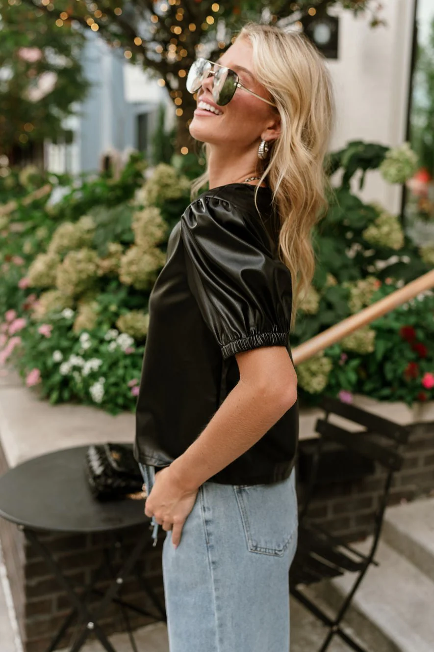 Evie Black Faux Leather Puff Sleeve Top - Image 2