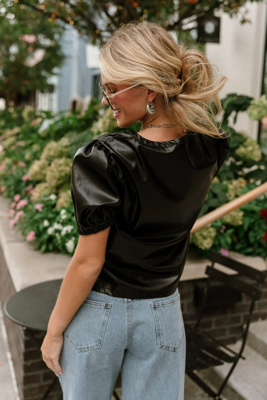 Evie Black Faux Leather Puff Sleeve Top - Image 3