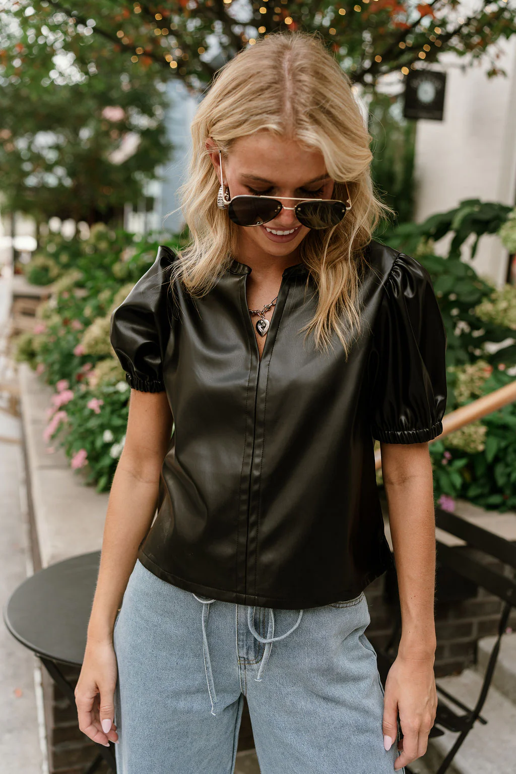 Evie Black Faux Leather Puff Sleeve Top - Image 4