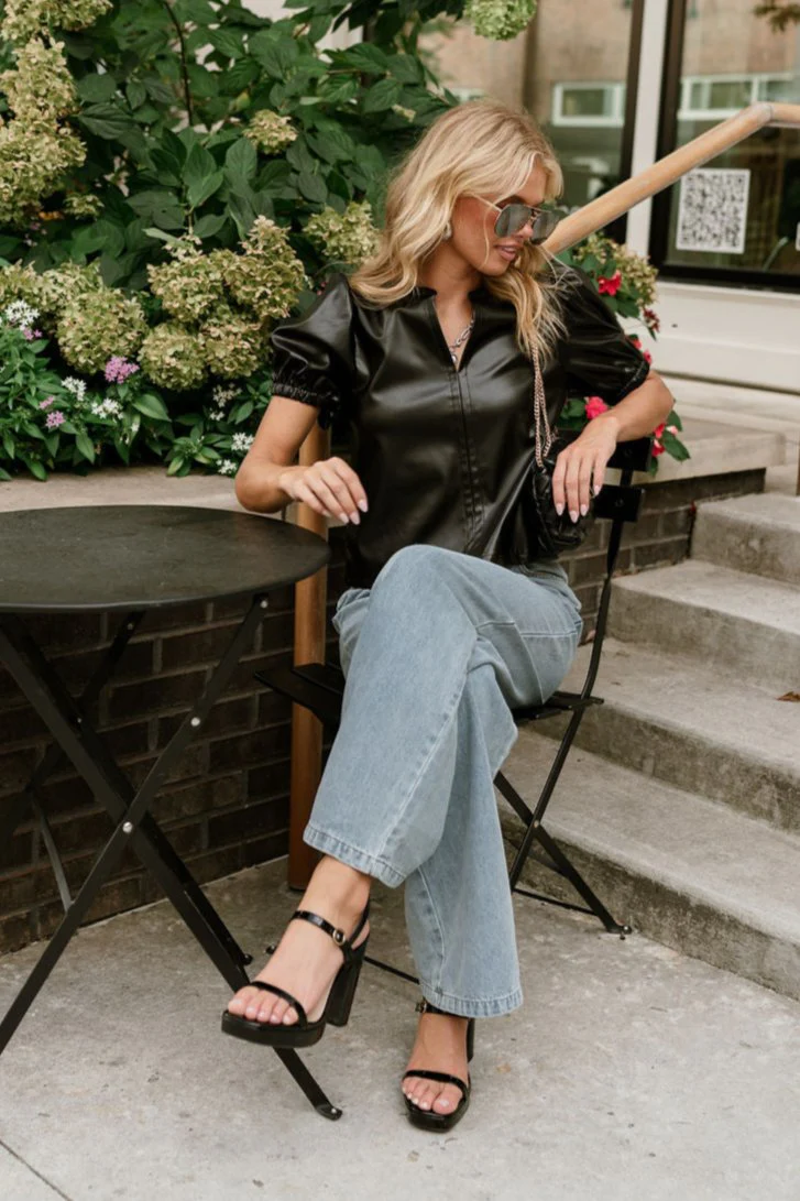 Evie Black Faux Leather Puff Sleeve Top - Image 5