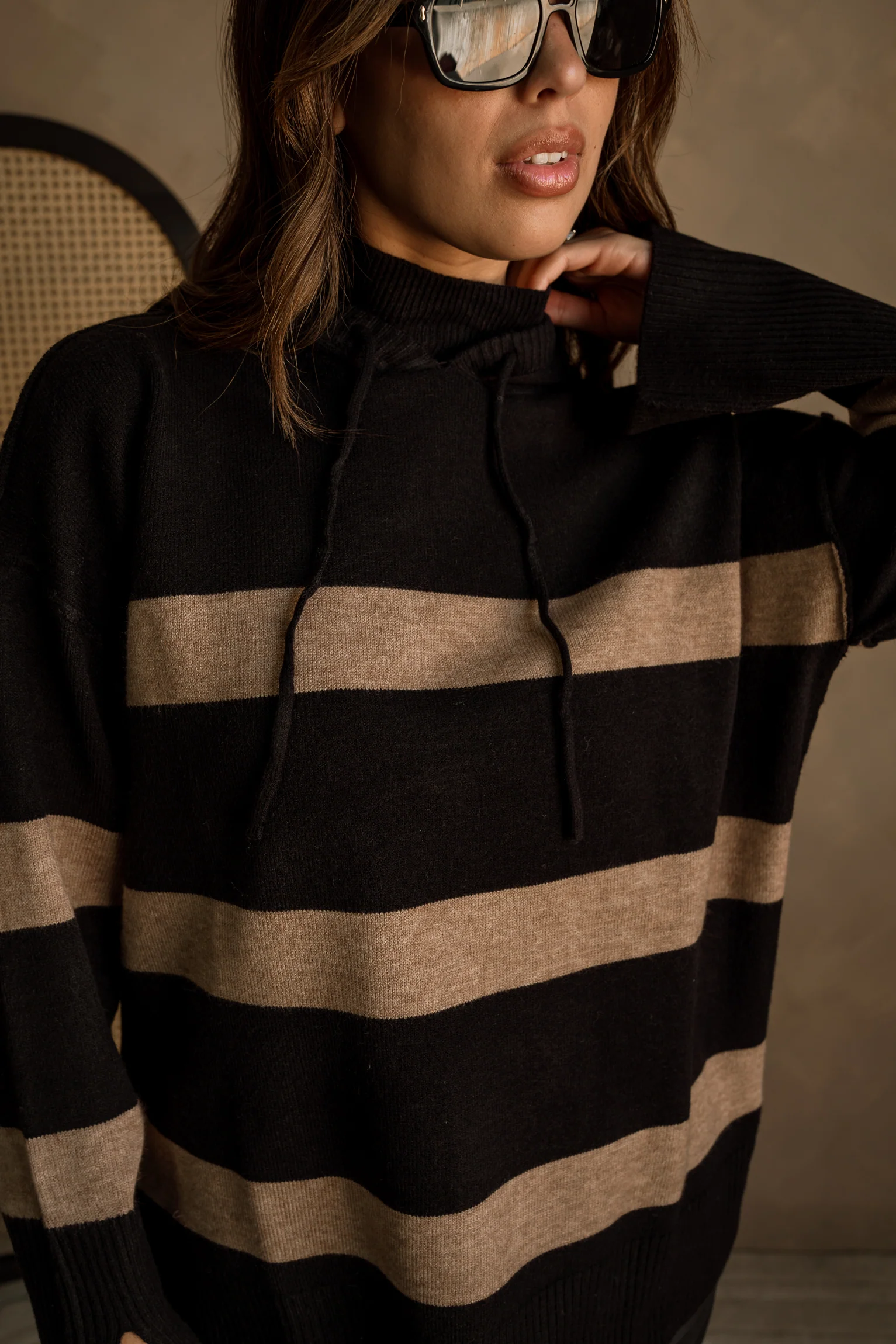 Abigail Black & Taupe Striped Hoodie Sweater - Image 2