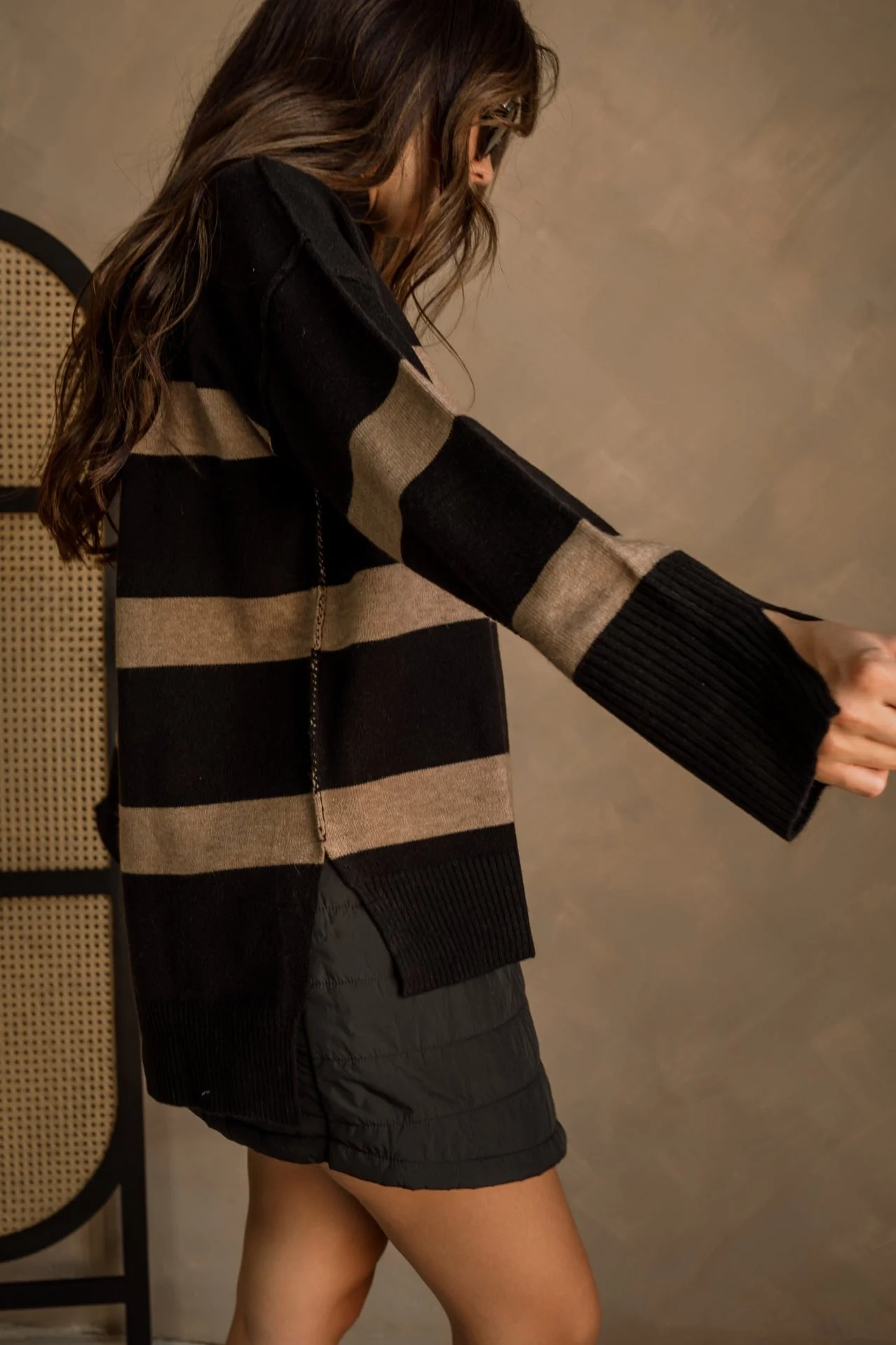 Abigail Black & Taupe Striped Hoodie Sweater - Image 4
