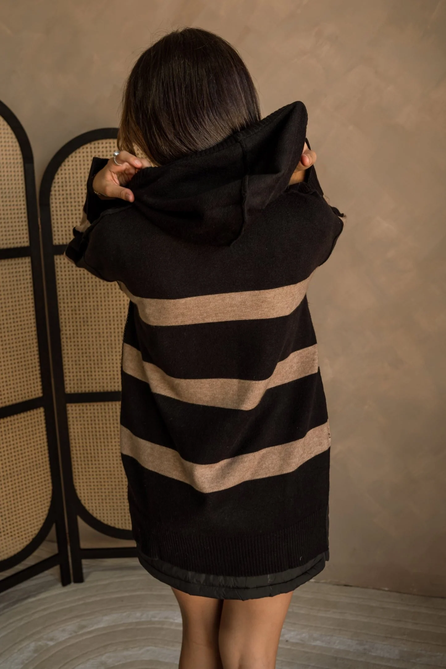 Abigail Black & Taupe Striped Hoodie Sweater - Image 6