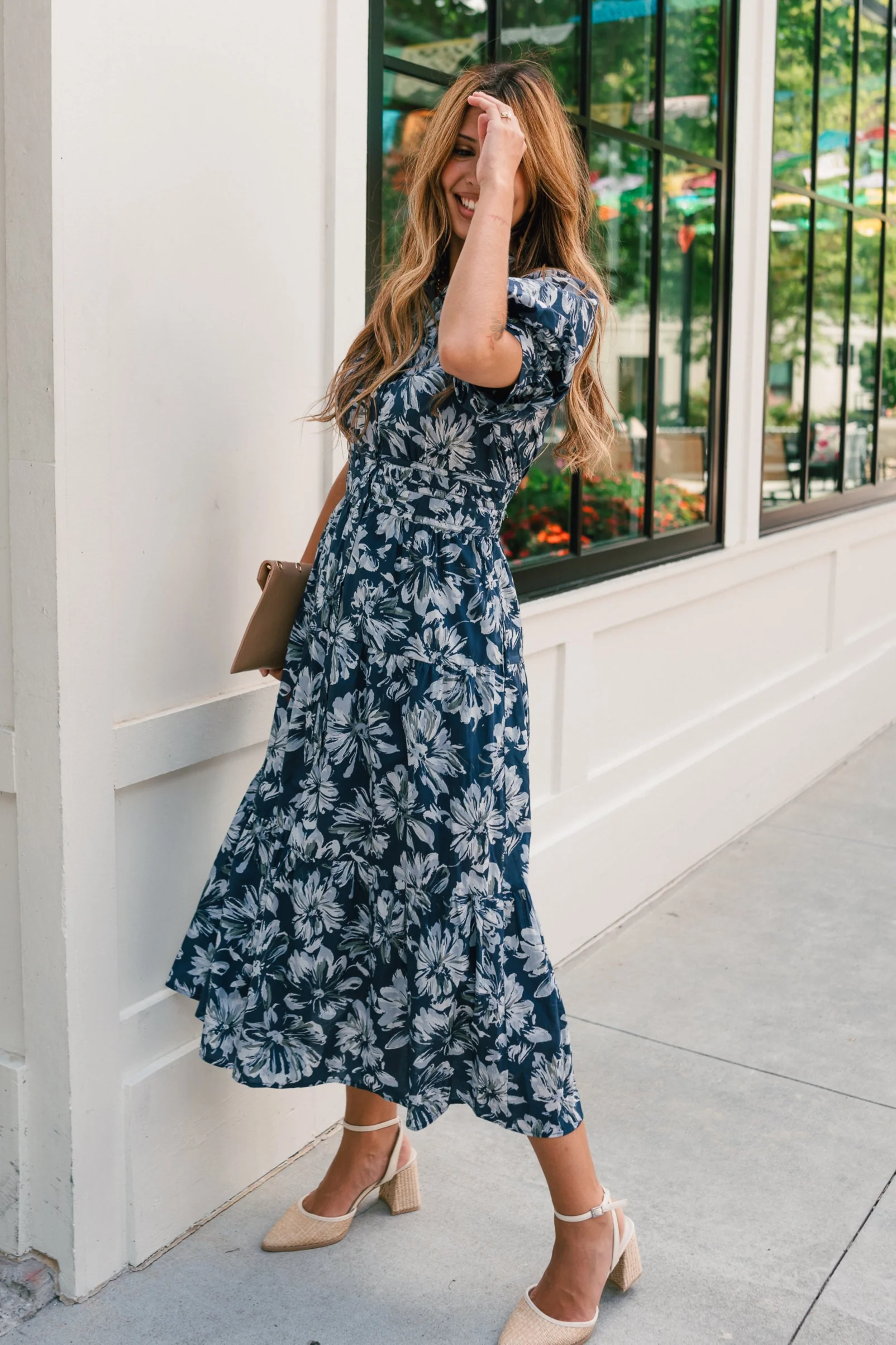 Abigail Blue Floral Short Sleeve Midi Dress - Image 9