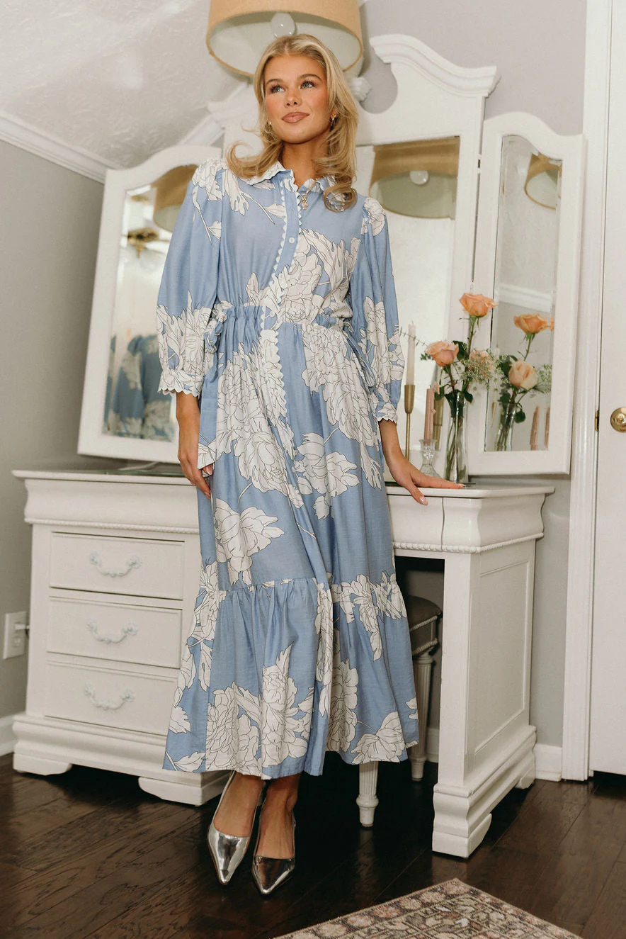 Abigail Blue & White Floral Midi Dress