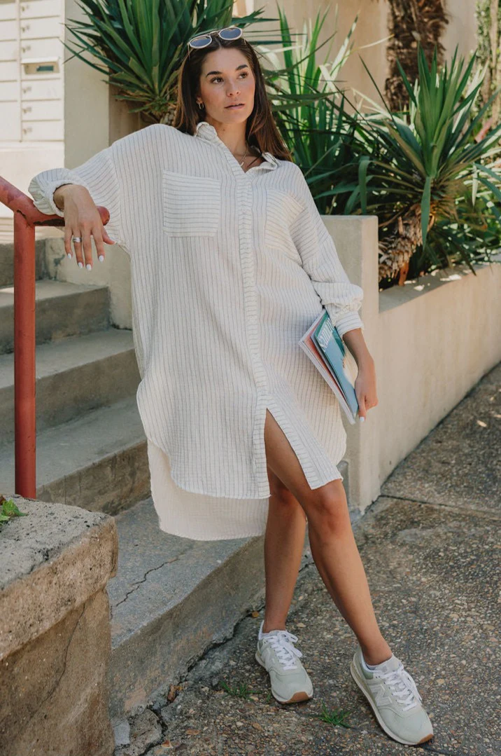 Abigail Off White & Blue Stripe Button-Up Dress