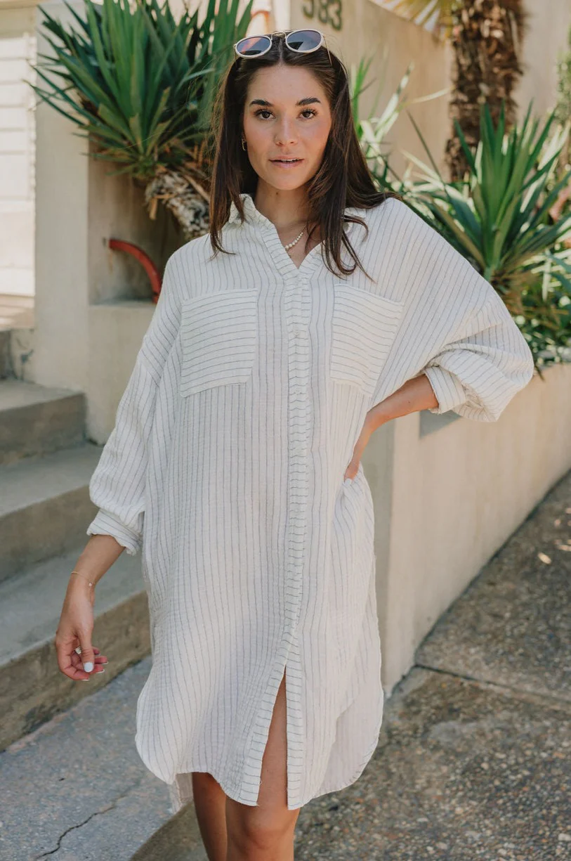 Abigail Off White & Blue Stripe Button-Up Dress - Image 3