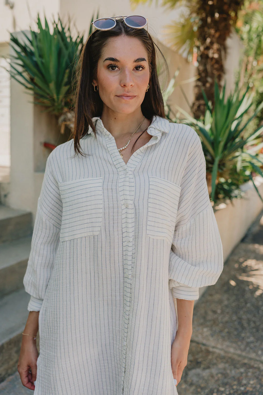 Abigail Off White & Blue Stripe Button-Up Dress - Image 4
