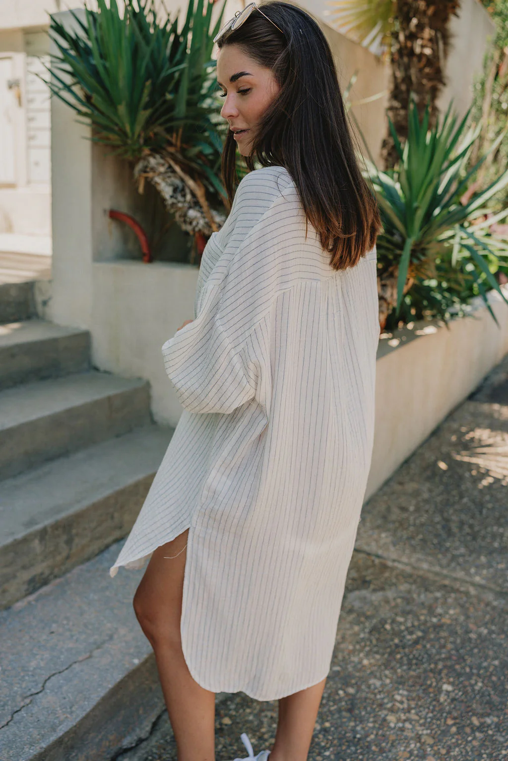Abigail Off White & Blue Stripe Button-Up Dress - Image 5