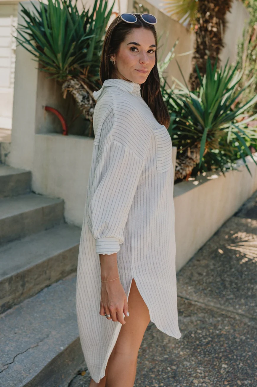 Abigail Off White & Blue Stripe Button-Up Dress - Image 6