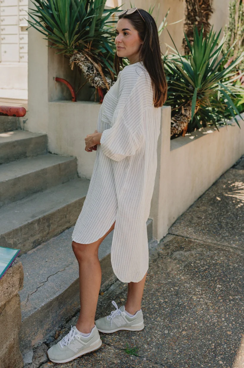 Abigail Off White & Blue Stripe Button-Up Dress - Image 7