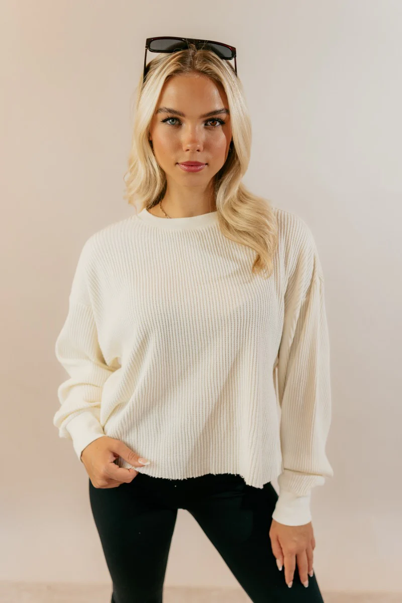 Ada Cream Waffle-Knit Long Sleeve Top - Image 3