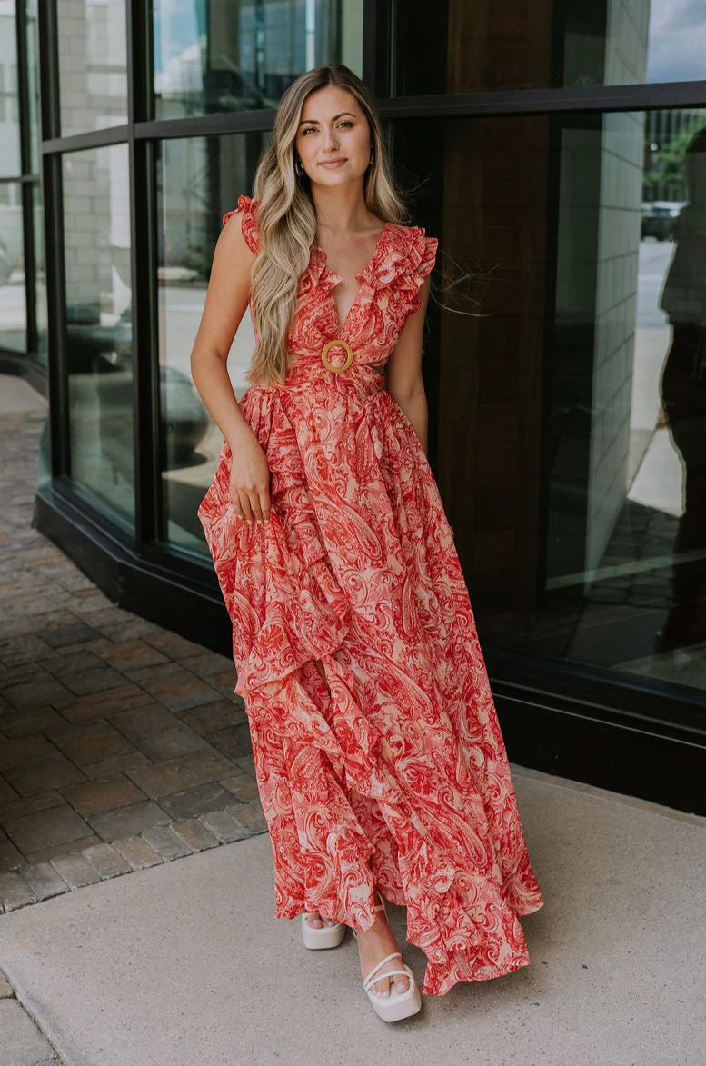 Adalyn Pink & Red Paisley Cut-Out Maxi Dress