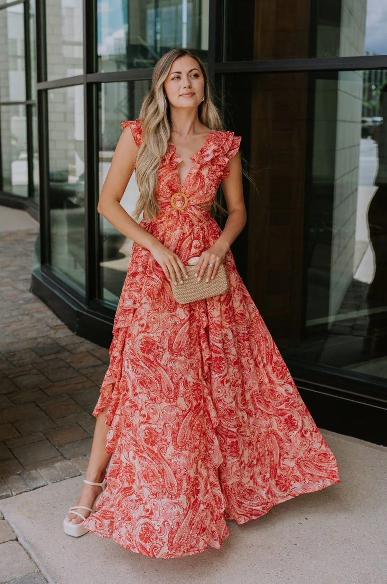Adalyn Pink & Red Paisley Cut-Out Maxi Dress - Image 2