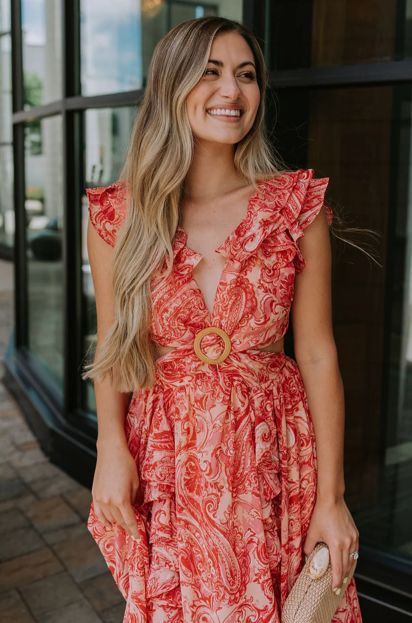 Adalyn Pink & Red Paisley Cut-Out Maxi Dress - Image 3