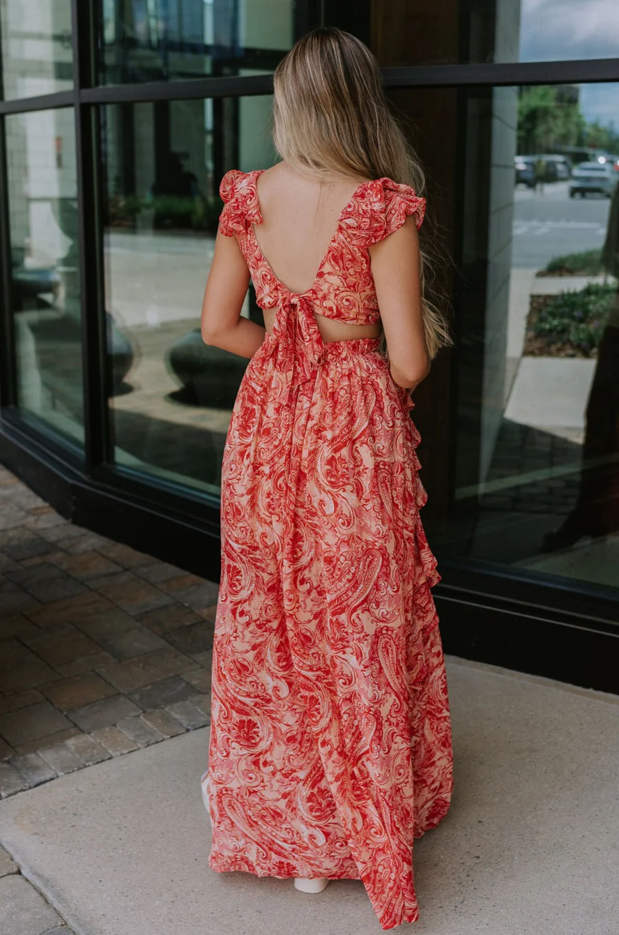 Adalyn Pink & Red Paisley Cut-Out Maxi Dress - Image 5
