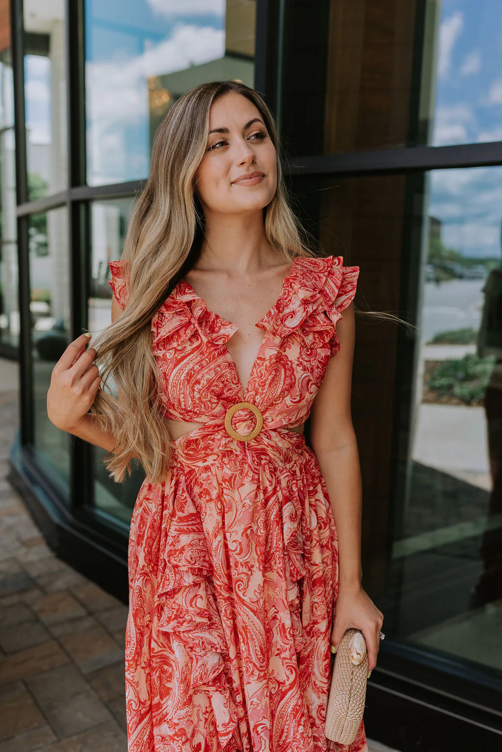 Adalyn Pink & Red Paisley Cut-Out Maxi Dress - Image 6