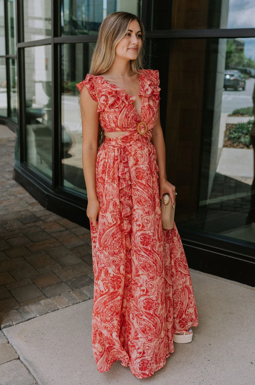 Adalyn Pink & Red Paisley Cut-Out Maxi Dress - Image 7