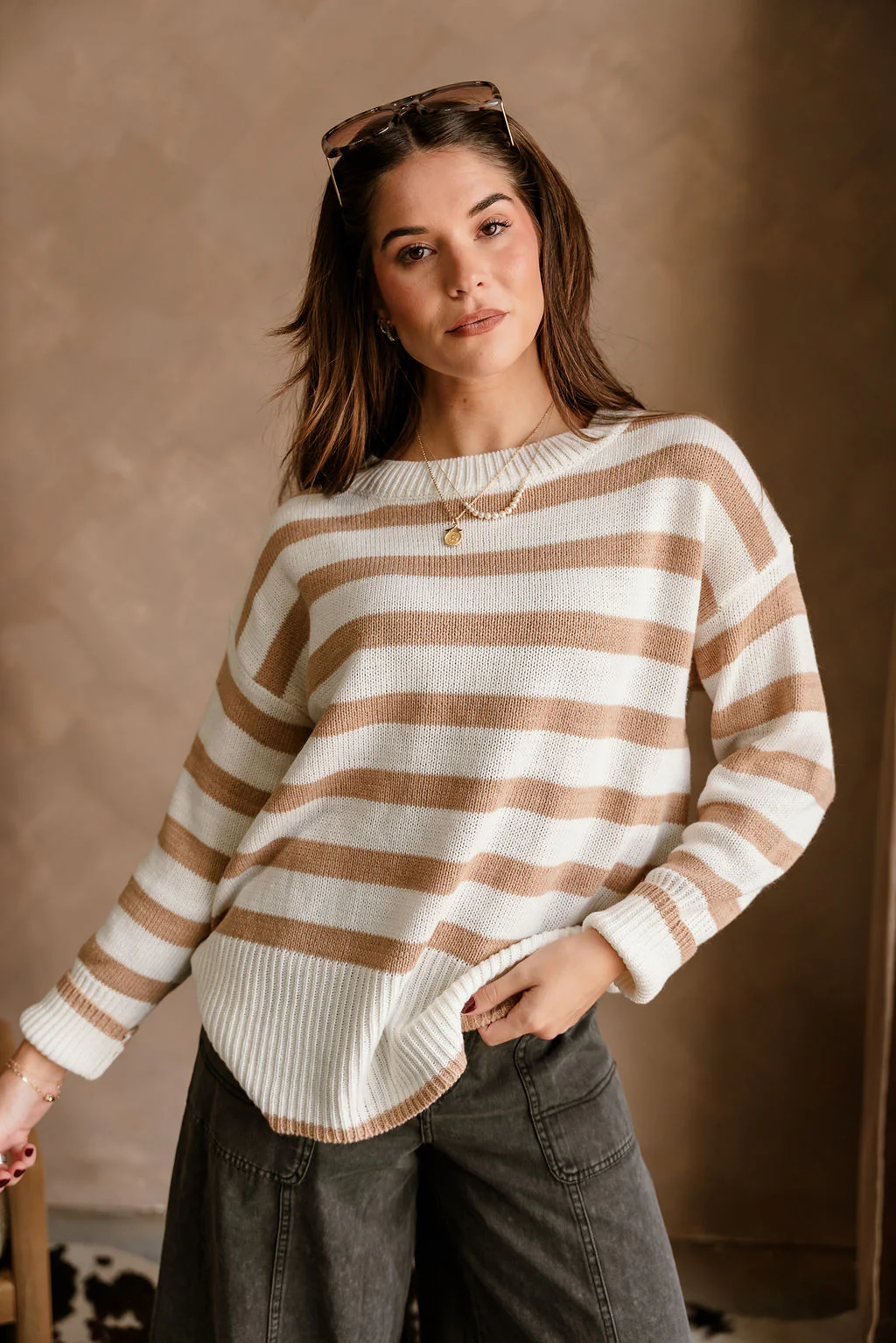 Adalyn Tan & White Stripe Knit Sweater