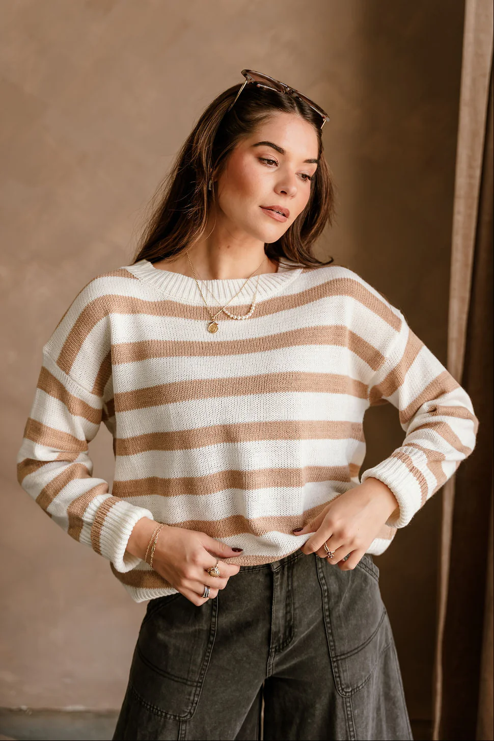 Adalyn Tan & White Stripe Knit Sweater - Image 5