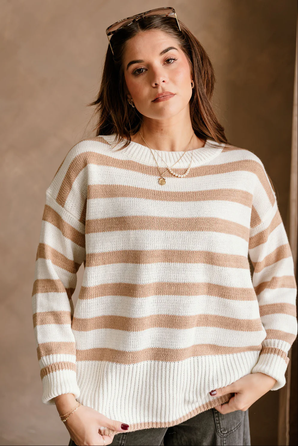 Adalyn Tan & White Stripe Knit Sweater - Image 6