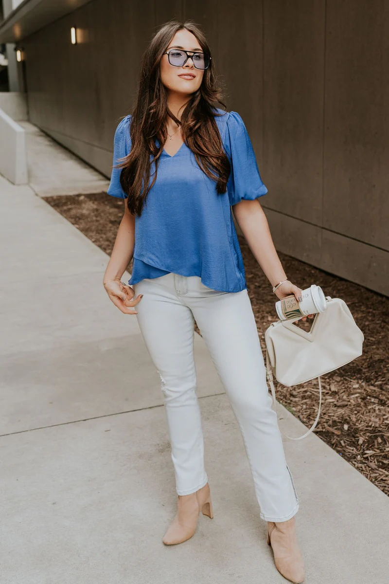 Addison Blue Short Puff Sleeve Top - Image 3