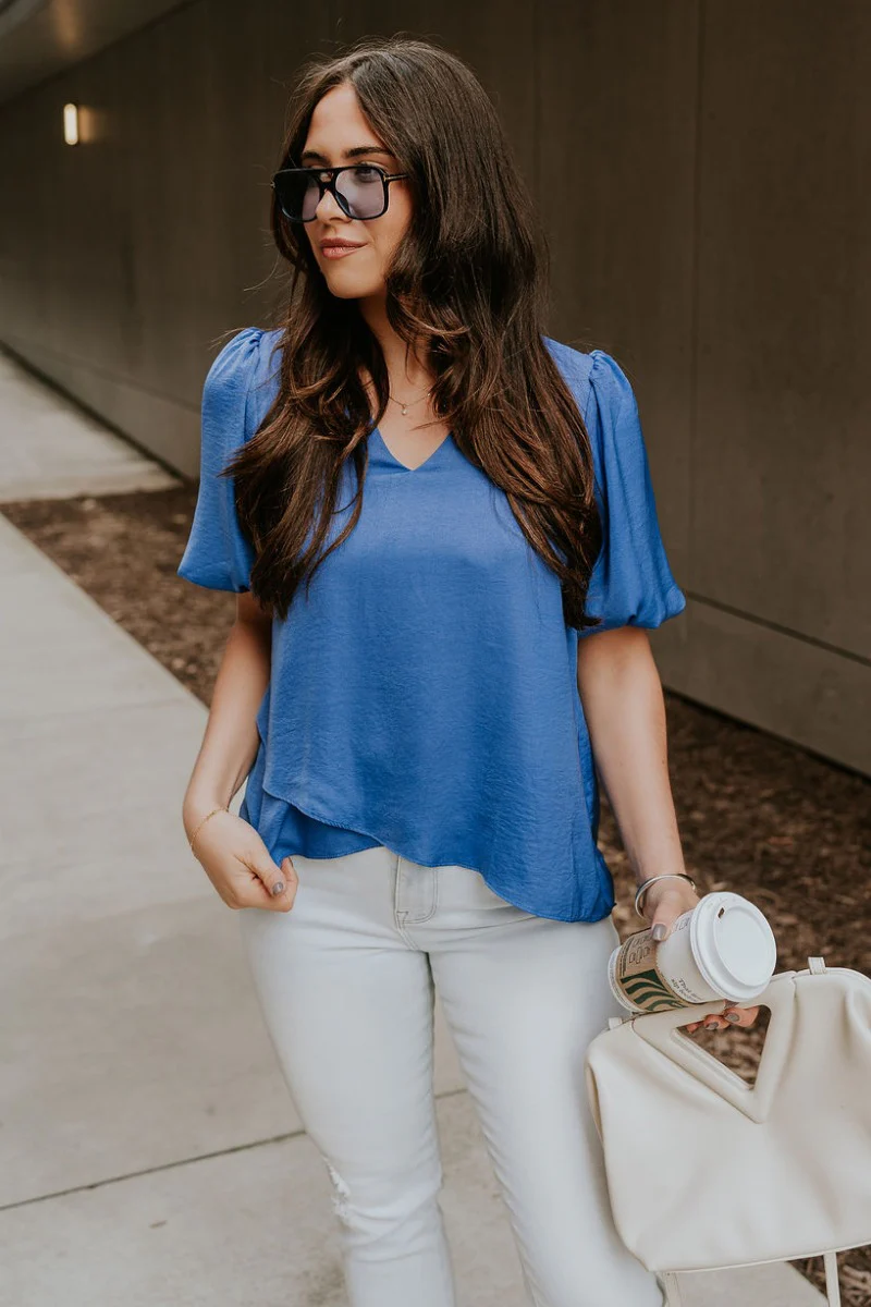 Addison Blue Short Puff Sleeve Top - Image 4