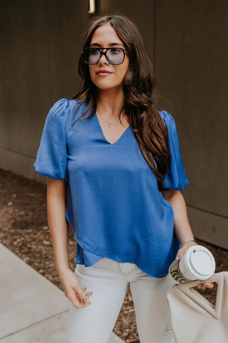 Addison Blue Short Puff Sleeve Top - Image 5