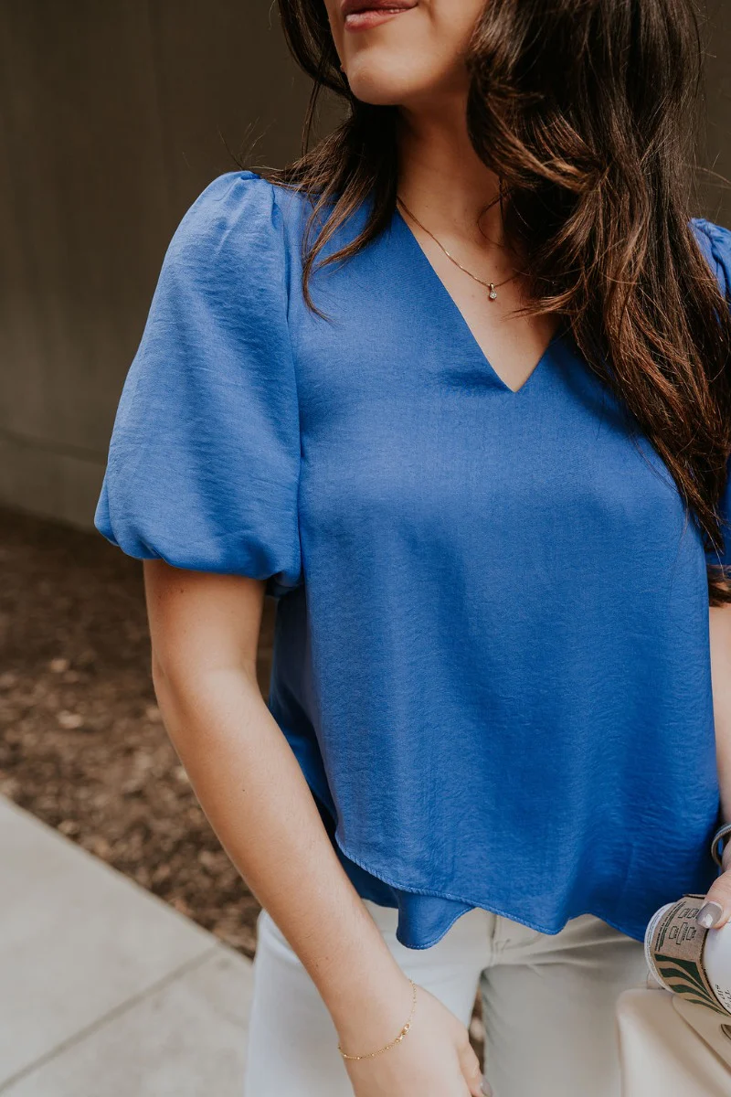 Addison Blue Short Puff Sleeve Top - Image 6