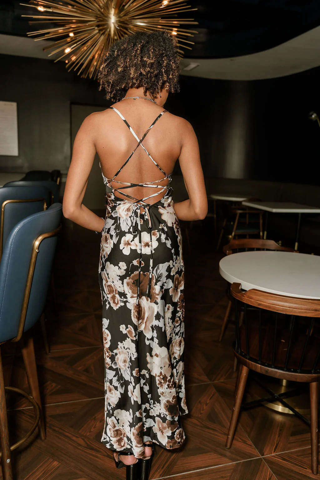 Alaina Black & Brown Floral Satin Midi Dress - Image 10