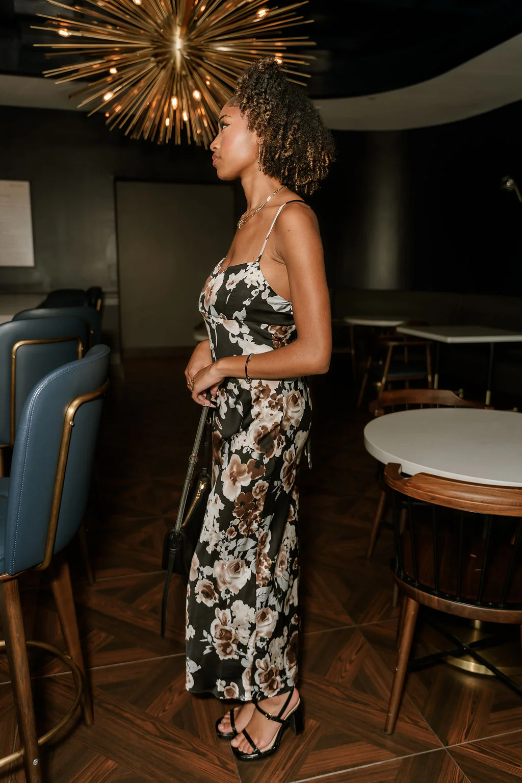 Alaina Black & Brown Floral Satin Midi Dress - Image 3