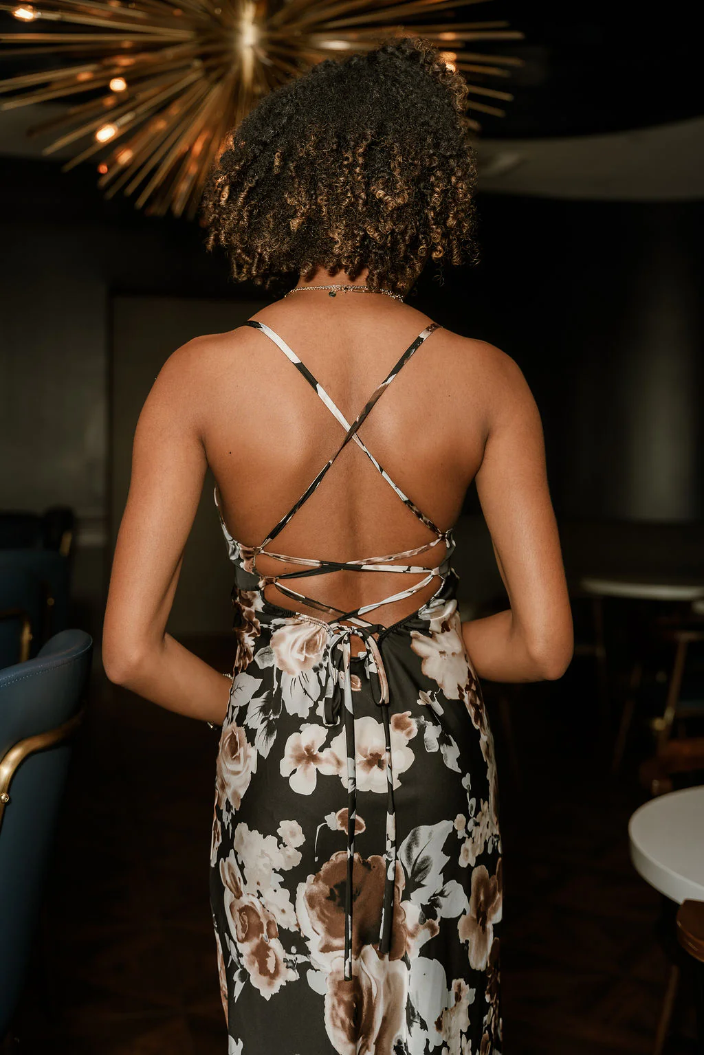 Alaina Black & Brown Floral Satin Midi Dress - Image 8