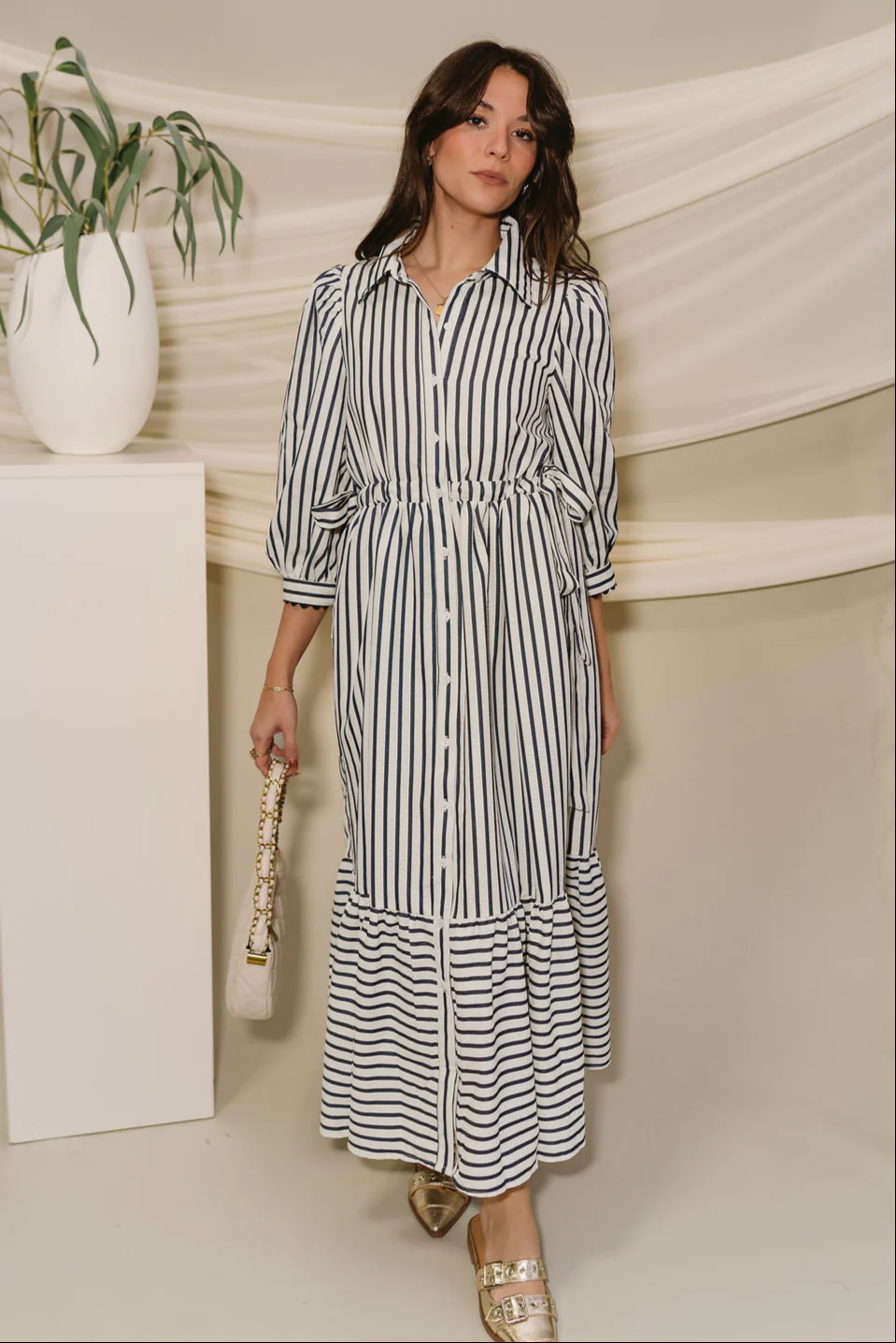 Alaina Navy & Cream Stripe Midi Dress - Image 2