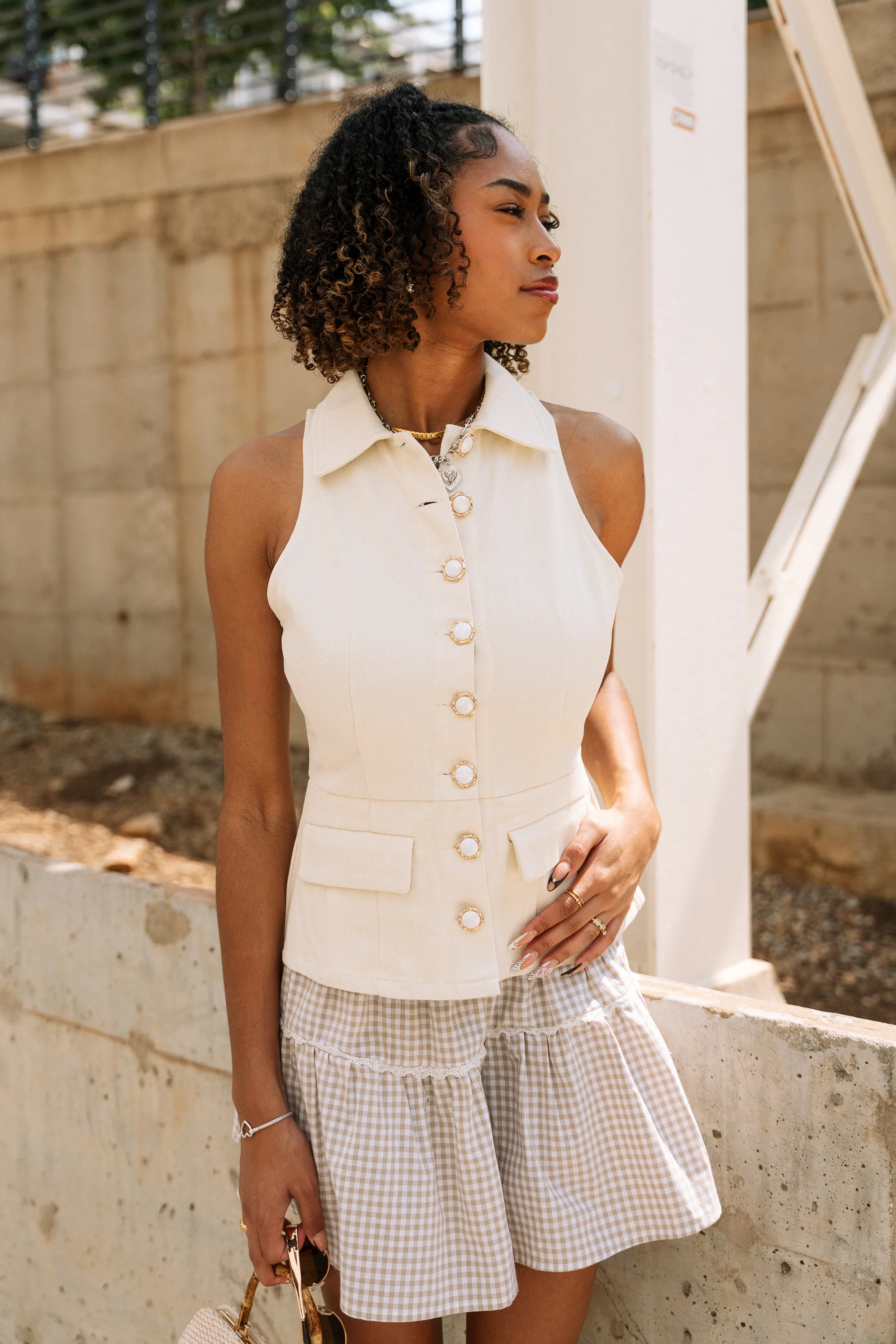 Aleena Ivory Denim & Pearl Button-Up Tank