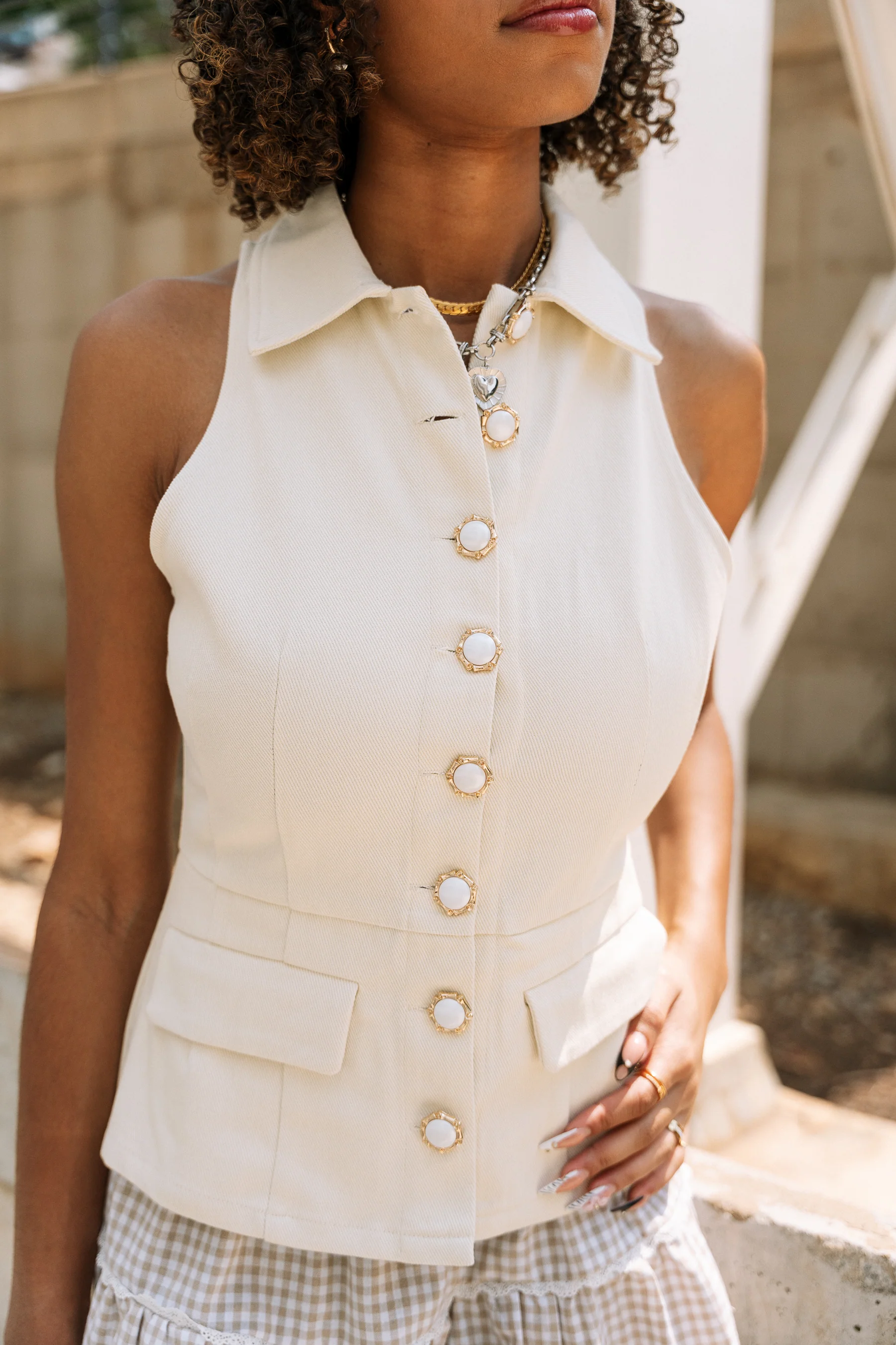 Aleena Ivory Denim & Pearl Button-Up Tank - Image 2