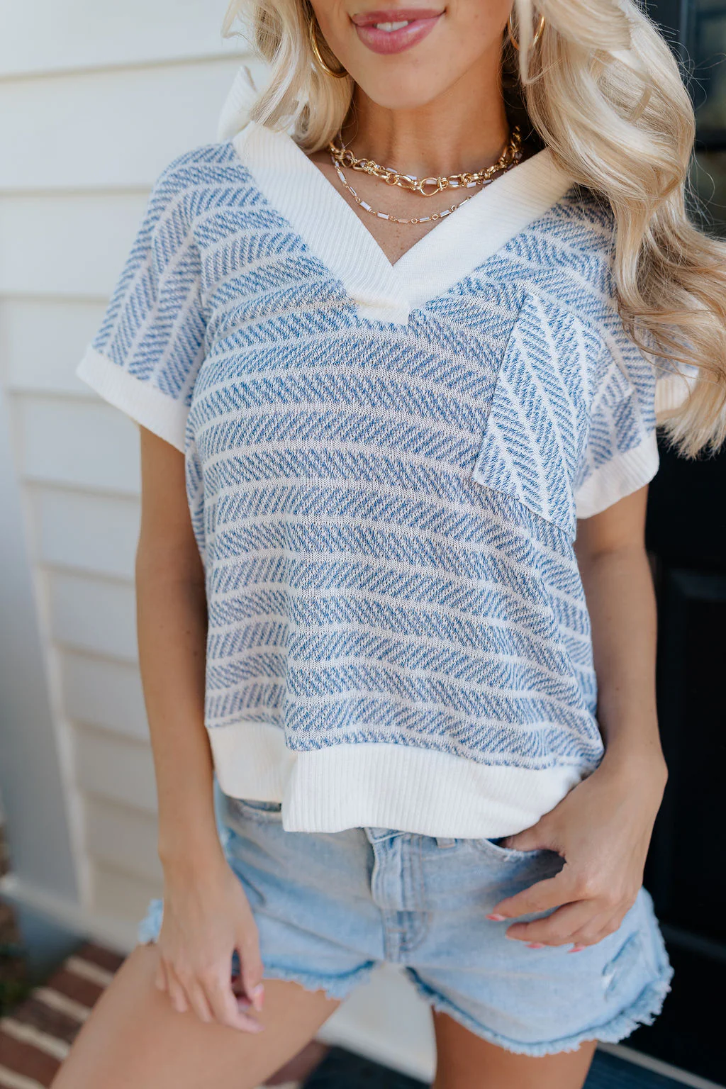 Alexa Blue & White Stripe Short Sleeve Top - Image 3