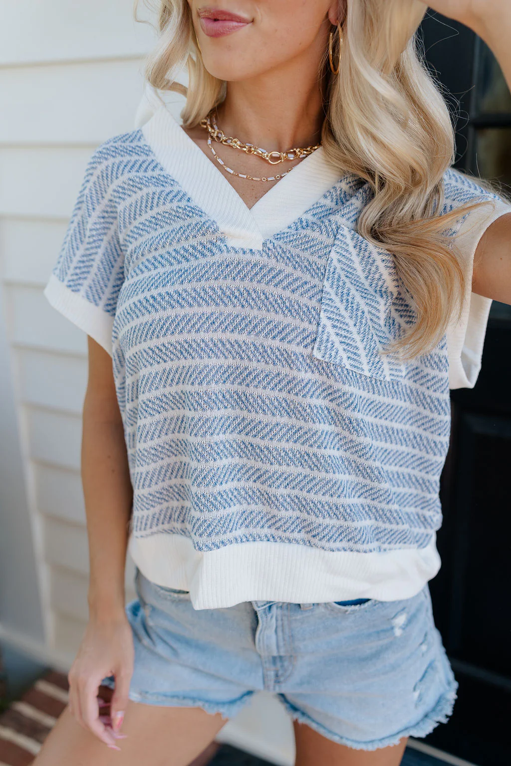 Alexa Blue & White Stripe Short Sleeve Top - Image 8