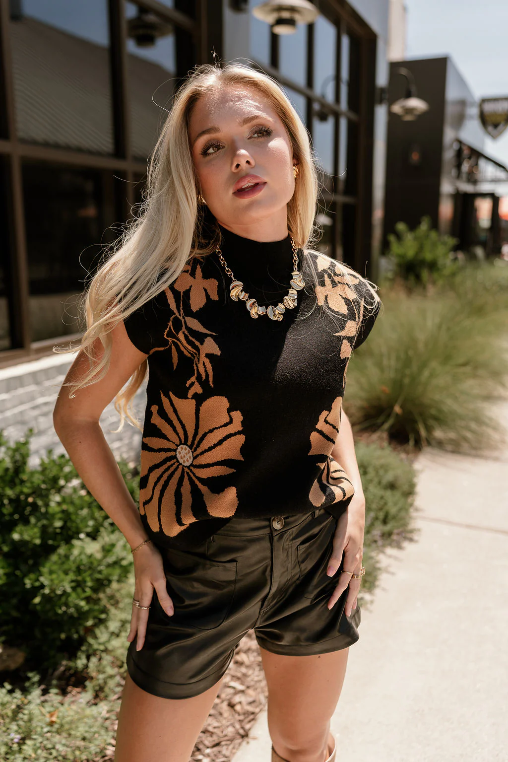 Alexis Black & Camel Floral Knit Sleeveless Top