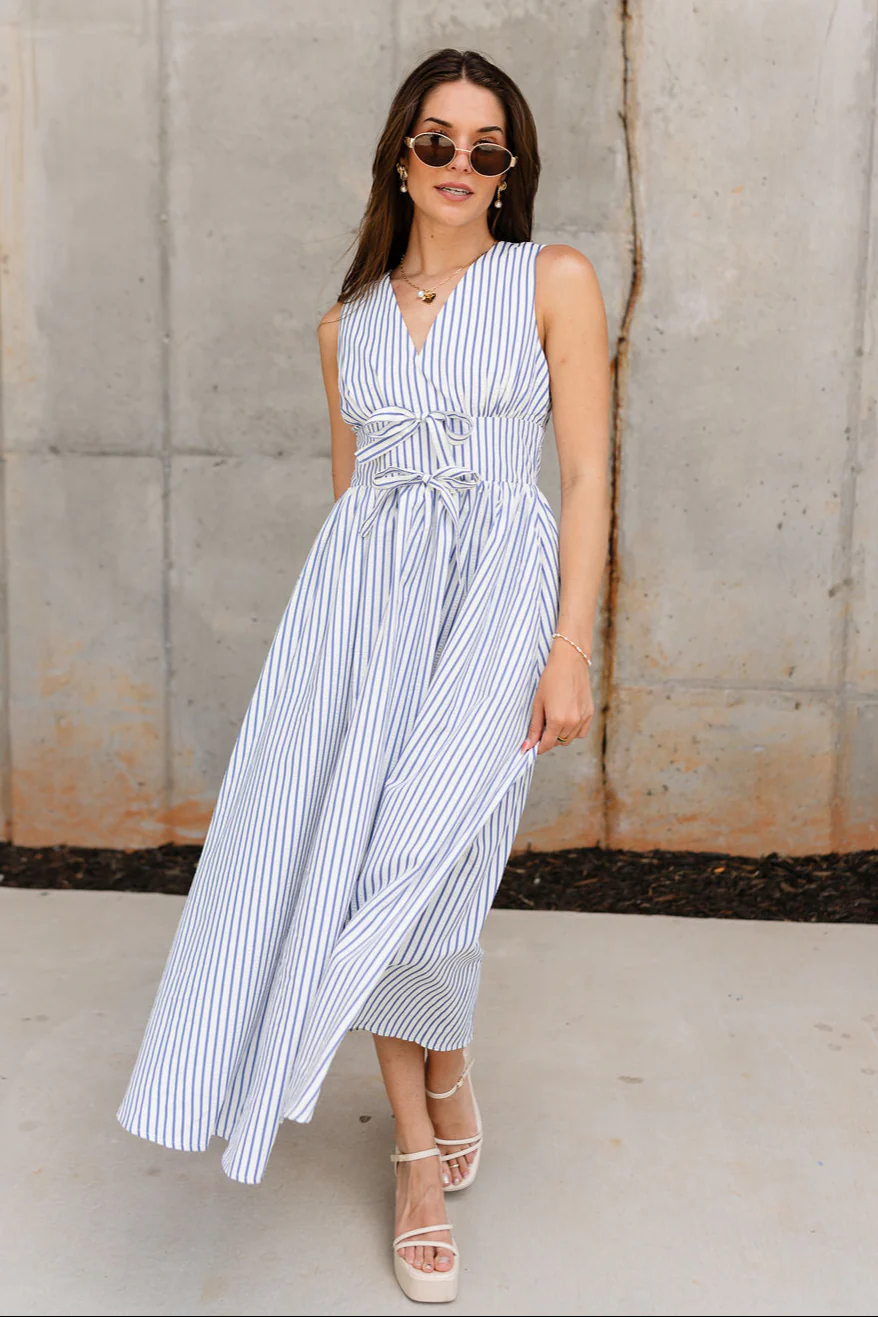 Aliana Blue & White Stripe Midi Dress