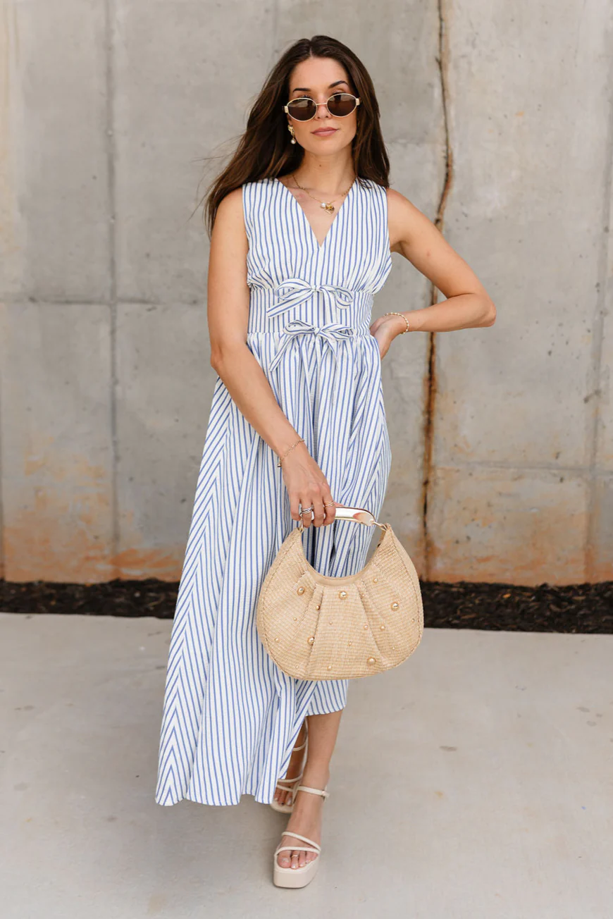 Aliana Blue & White Stripe Midi Dress - Image 7